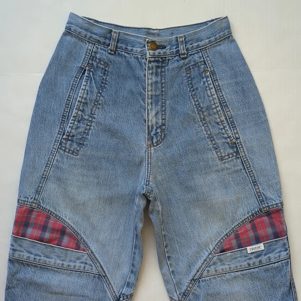 Vintage Touche' High-Waisted Mom Jeans Junior 5 Blue Red Plaid Y2K Denim